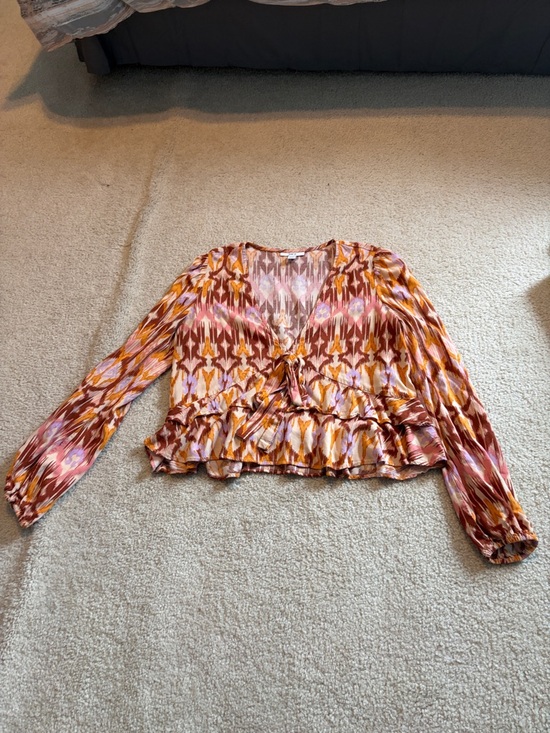 Tops - Women's V-Neck Long Sleeve Printed Ruffle Blouse - Pink & Mustard
